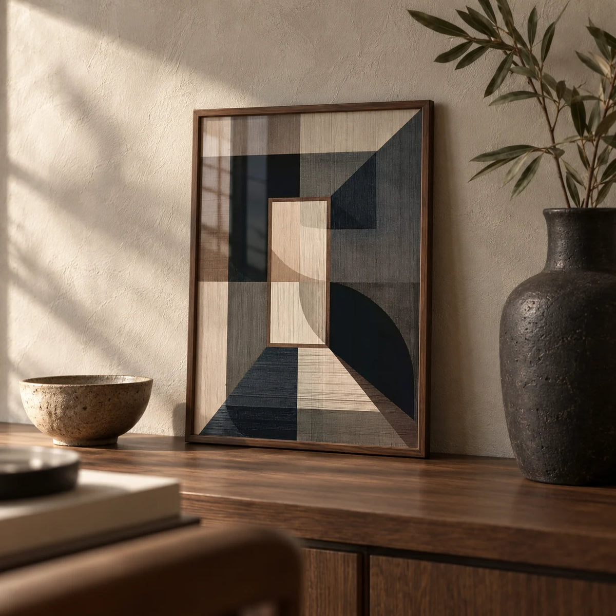 Wabisabi Art Print, a small A4 framed print leaning on a walnut shelf in a living room