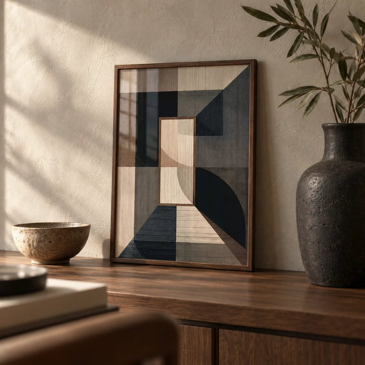 Wabisabi Art Print, a small A4 framed print leaning on a walnut shelf in a living room