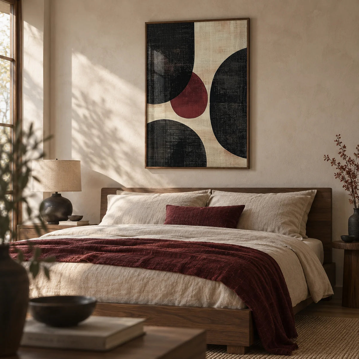 Wall Art Abstract, framed on the wall of a calm Japandi bedroom with a beige plaster wall