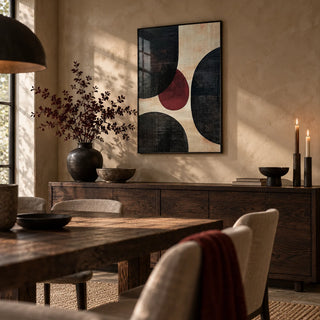 Wall Art Abstract, framed on the wall of a moody dining room with a warm plaster wall