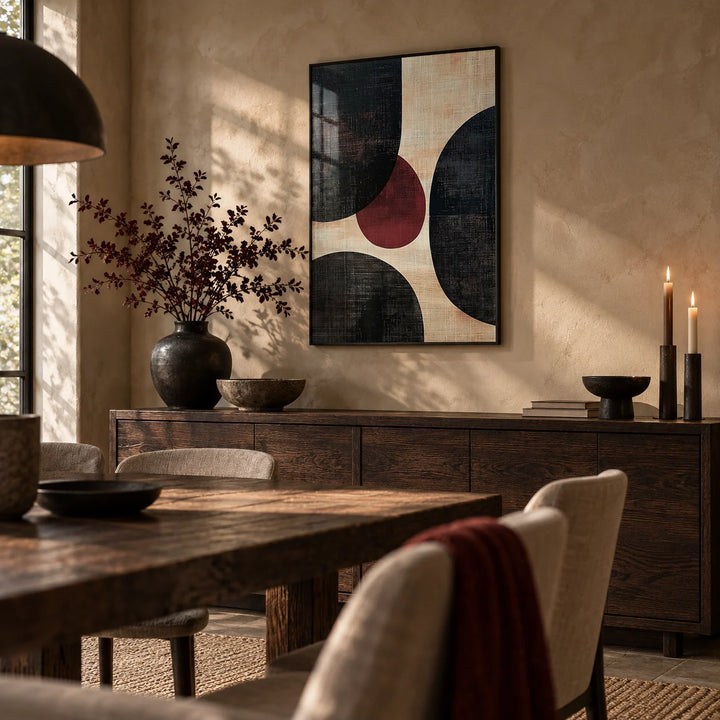 Wall Art Abstract, framed on the wall of a moody dining room with a warm plaster wall