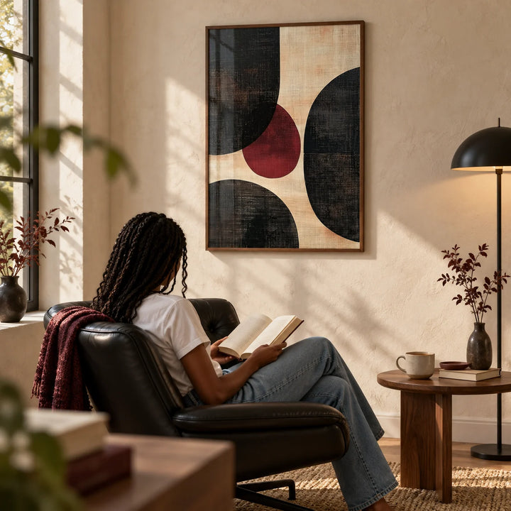 Wall Art Abstract, framed on the wall of a quiet reading corner with a beige plaster wall in a living room