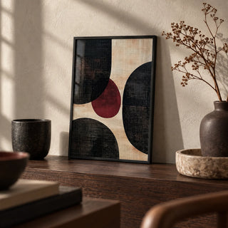 Wall Art Abstract, a small A4 framed print leaning on a dark oak shelf in a living room