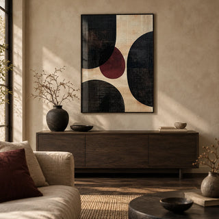 Wall Art Abstract, framed on the wall of a wabi-sabi Japandi living room with a warm beige limewashed wall and a dark oak floor