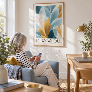 Wall Art Blue and Gold, framed on the wall of a light home office with a white wall