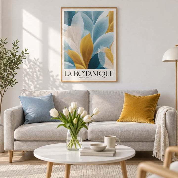 Wall Art Blue and Gold, framed on the wall of a light Scandi living room with a white wall and a pale oak floor