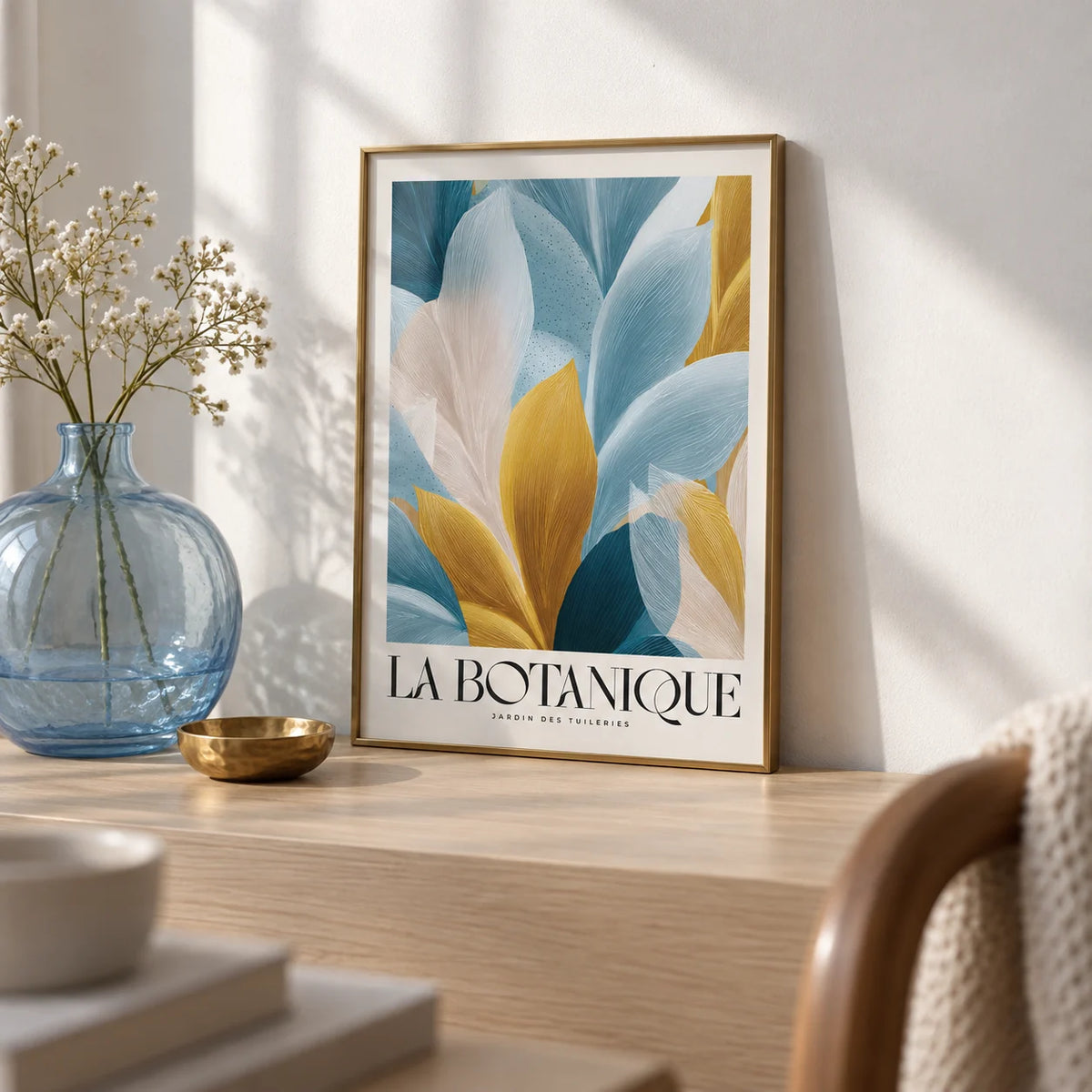 Wall Art Blue and Gold, a small A4 framed print leaning on a pale oak shelf in a living room