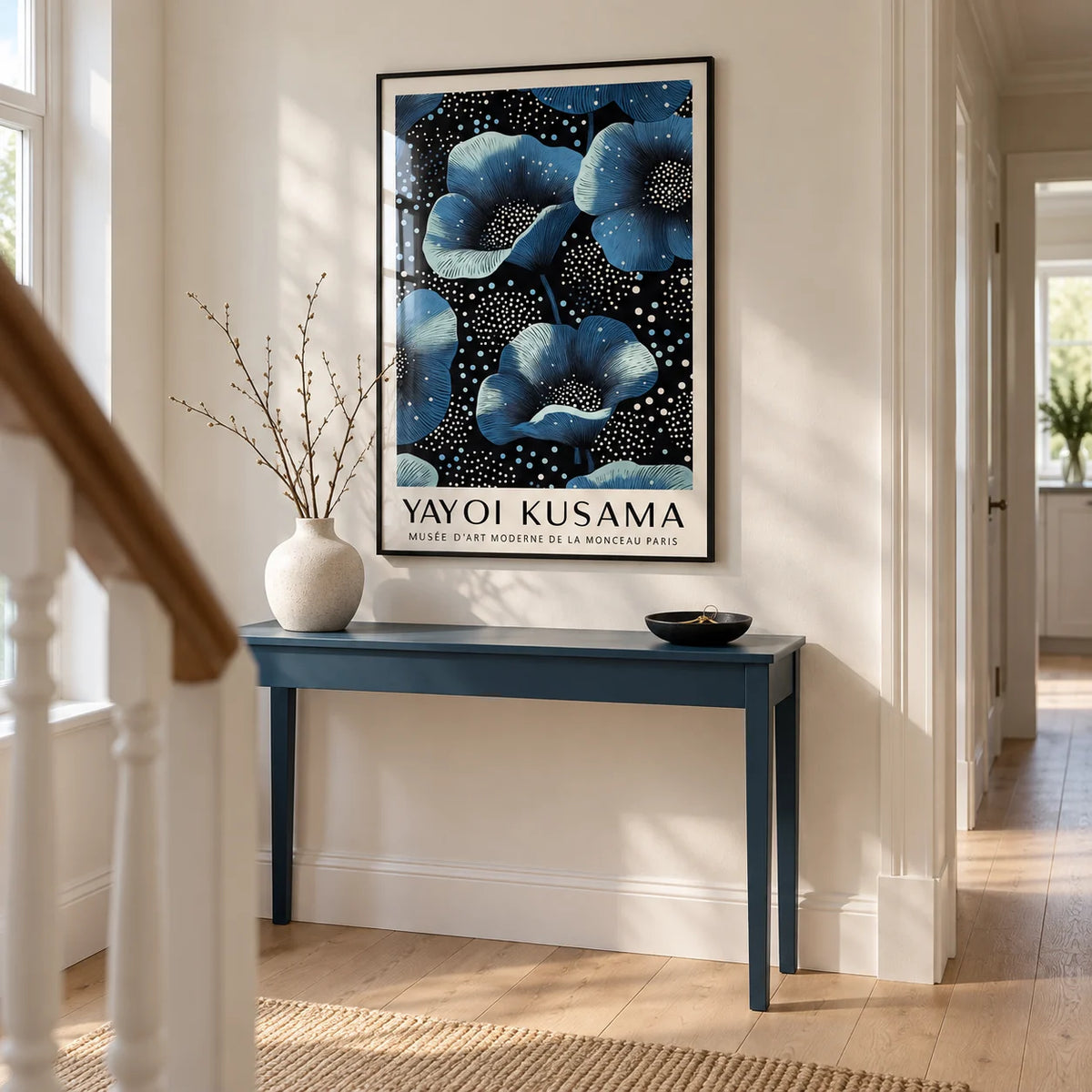 Wall Art Blue Flowers, framed on the wall of a bright hallway in a renovated UK terrace with warm white walls and pale oak floorboards