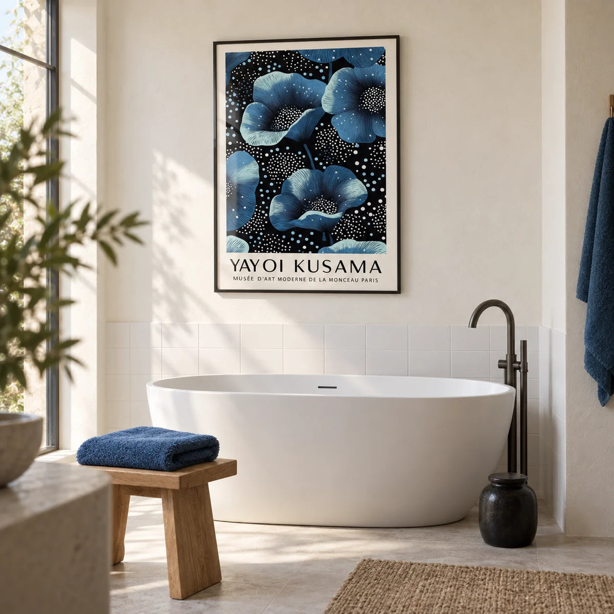 Wall Art Blue Flowers, framed on the wall of a contemporary bathroom with a warm white plaster wall above plain white tiles and a pale stone floor