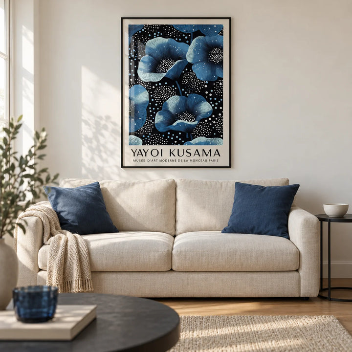 Wall Art Blue Flowers, framed on the wall of a contemporary living room in a UK city flat with warm white walls and an oak floor