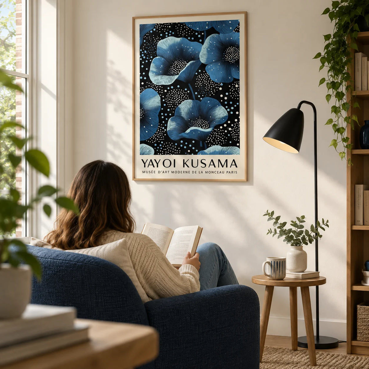 Wall Art Blue Flowers, framed on the wall of a design-led reading corner in a UK first home with a cream wall and a tall window in a living room
