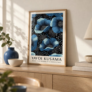 Wall Art Blue Flowers, a small A4 framed print leaning on a pale oak sideboard in a living room