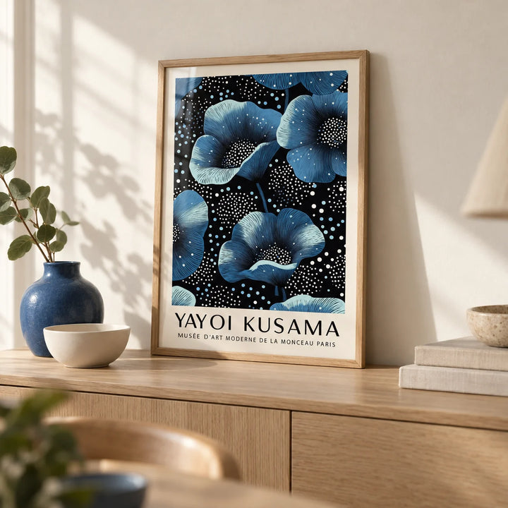 Wall Art Blue Flowers, a small A4 framed print leaning on a pale oak sideboard in a living room