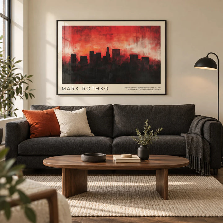 Wall Art California, framed on the wall of a contemporary living room in a UK city flat with a warm off-white wall and smoked oak flooring
