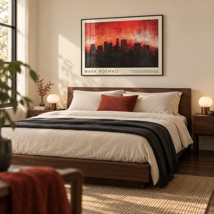 Wall Art California, framed on the wall of a contemporary main bedroom with a warm cream wall and dark oak floor