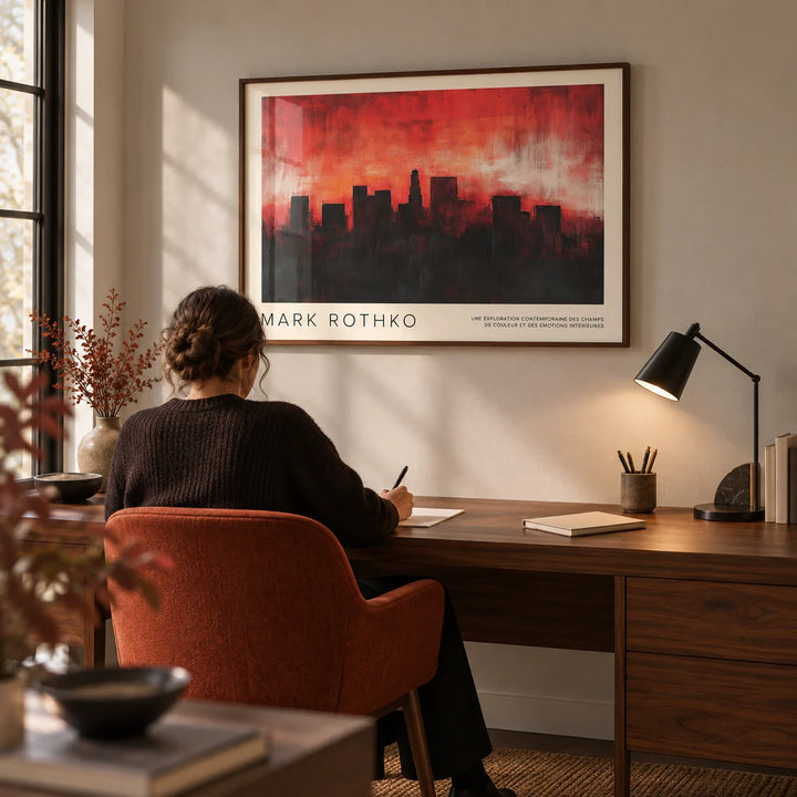 Wall Art California, framed on the wall of a design-led home study with a pale warm grey wall and walnut furniture