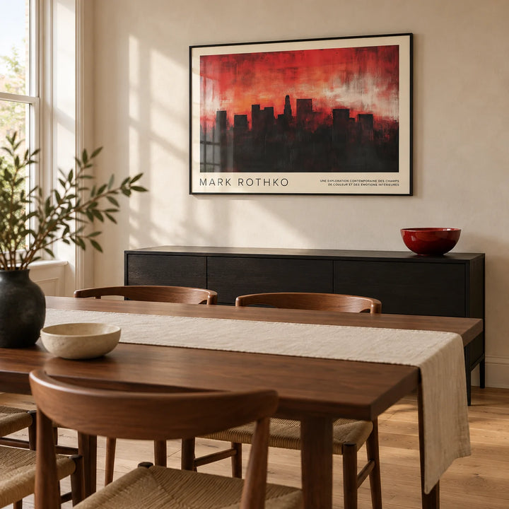 Wall Art California, framed on the wall of a modern dining room in a renovated UK terrace with a cream plaster wall and plain oak flooring