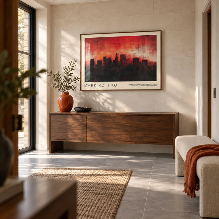 Wall Art California, framed on the wall of a spacious entrance hallway in a contemporary UK townhouse with a pale stone wall and large plain grey floor tiles