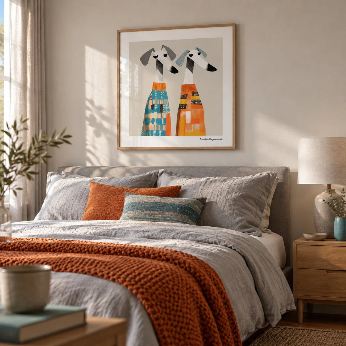 Wall Art Dog, framed on the wall of a calm bedroom