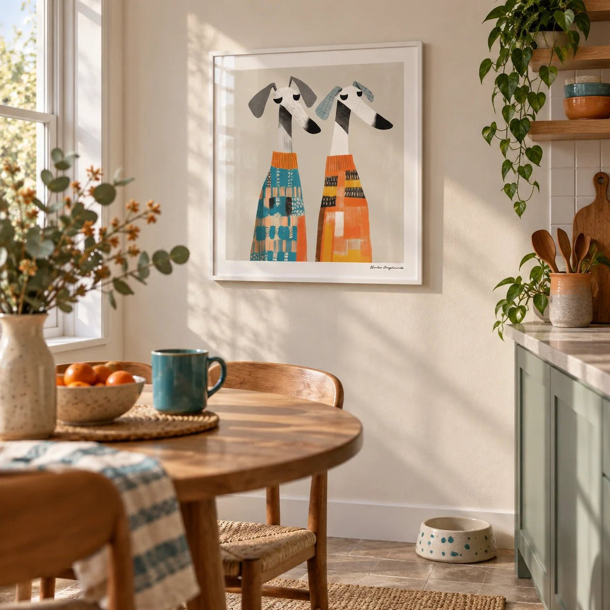 Wall Art Dog, framed on the wall of a cosy kitchen