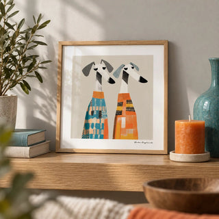 Wall Art Dog, a small A4 framed print leaning on an oak shelf in a living room