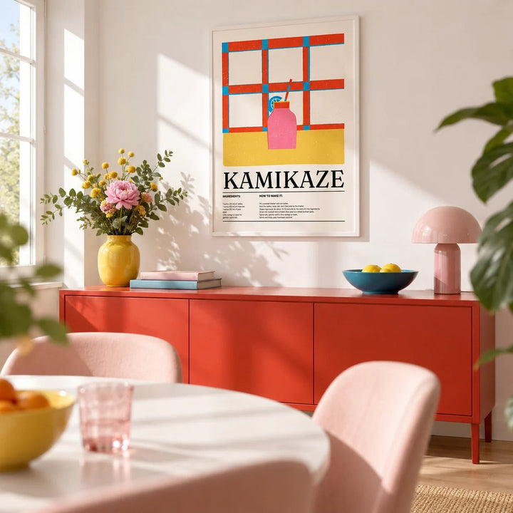 Wall Art Drink, framed on the wall of a bright dining room with a white wall