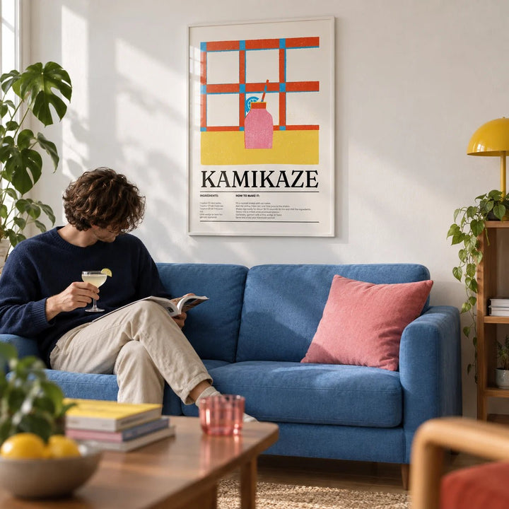 Wall Art Drink, framed on the wall of a bright living room with a white wall