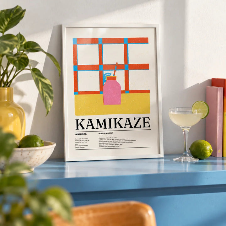 Wall Art Drink, a small A4 framed print leaning on a sky blue painted shelf in a living room