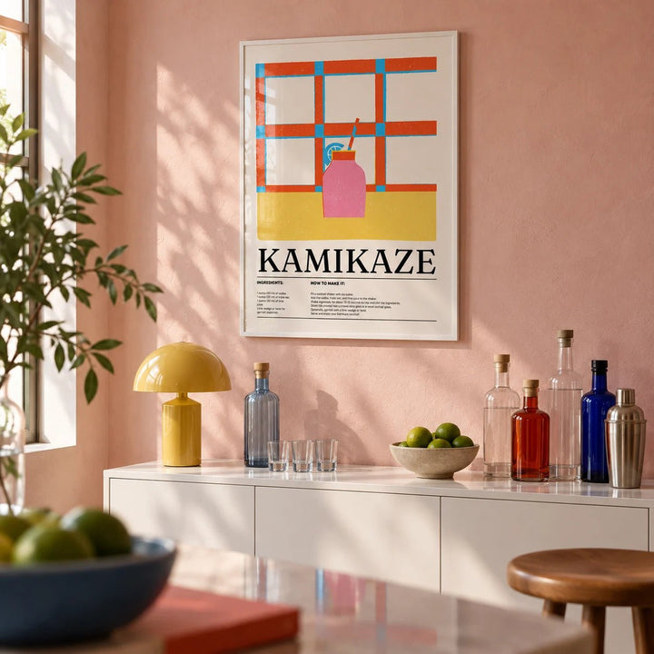 Wall Art Drink, framed on the wall of a small home bar with a soft pink plaster wall