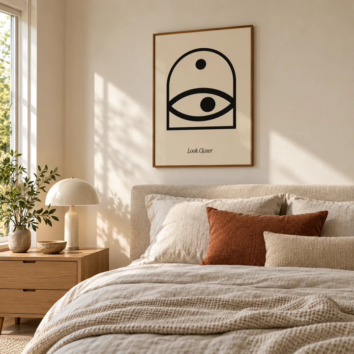 Wall Art Eye, framed on the wall of a calm bedroom