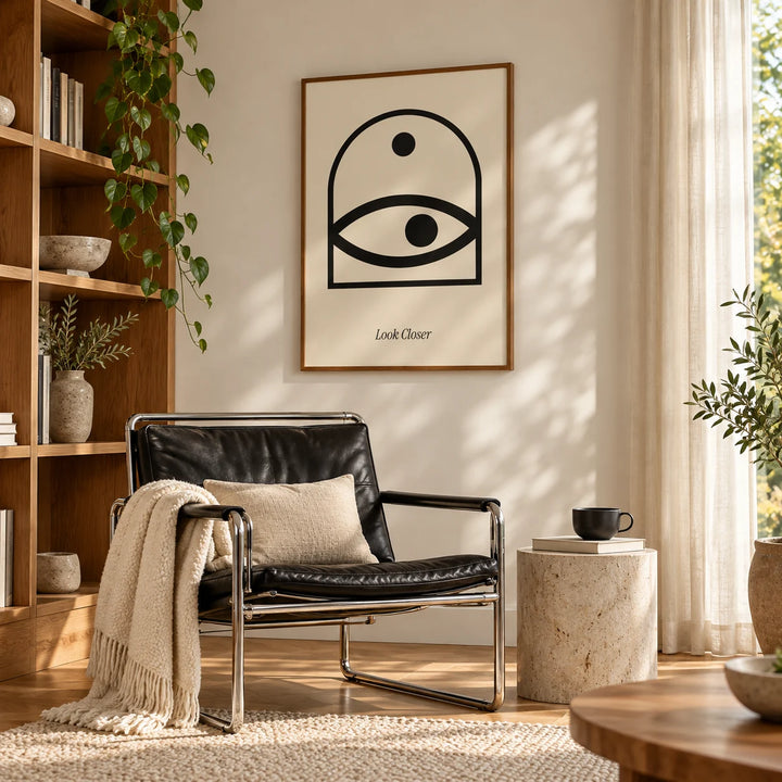 Wall Art Eye, framed on the wall of a cosy reading corner in a living room