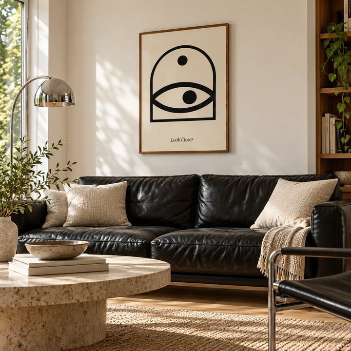 Wall Art Eye, framed on the wall of a lounge with a black leather sofa