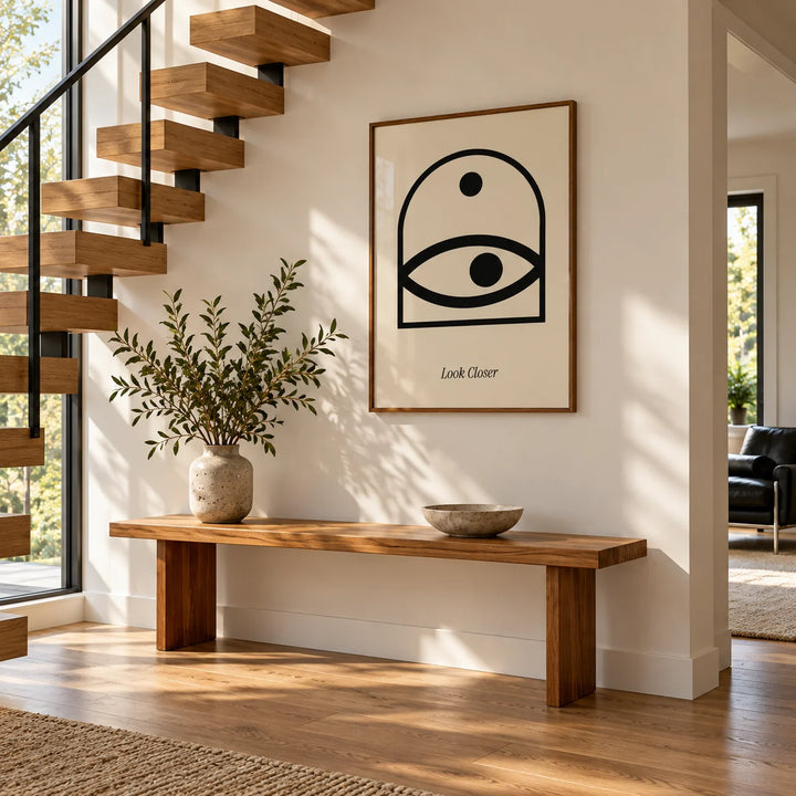 Wall Art Eye, framed on the wall of a modernist stair hall