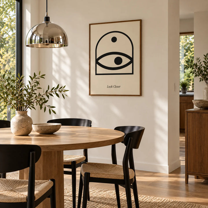 Wall Art Eye, framed on the wall of an oak dining corner