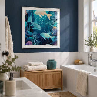Wall Art Fish, framed on the wall of a bright contemporary bathroom in a renovated UK terrace with a navy painted upper wall and plain white tiles