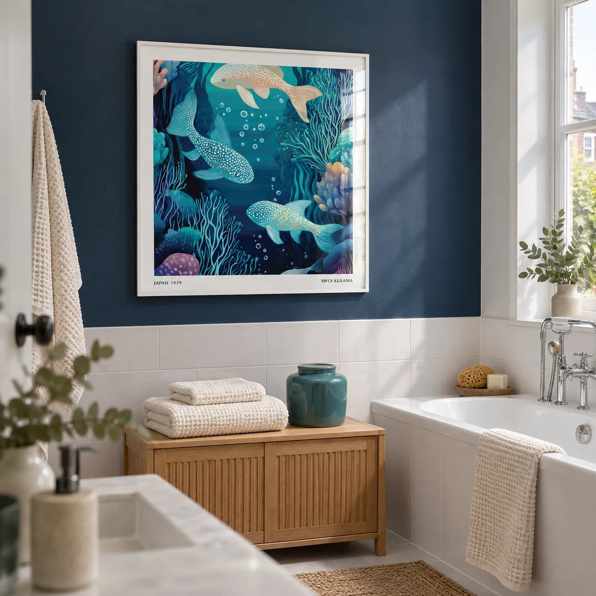 Wall Art Fish, framed on the wall of a bright contemporary bathroom in a renovated UK terrace with a navy painted upper wall and plain white tiles