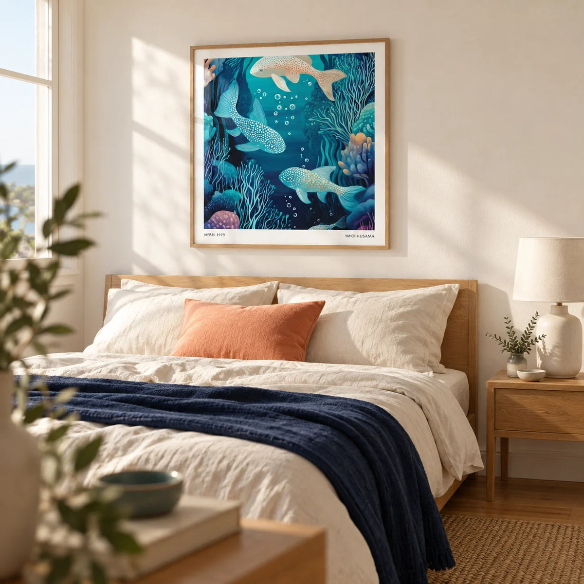 Wall Art Fish, framed on the wall of a calm contemporary coastal bedroom with a warm white wall and an oak floor
