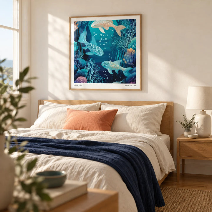 Wall Art Fish, framed on the wall of a calm contemporary coastal bedroom with a warm white wall and an oak floor