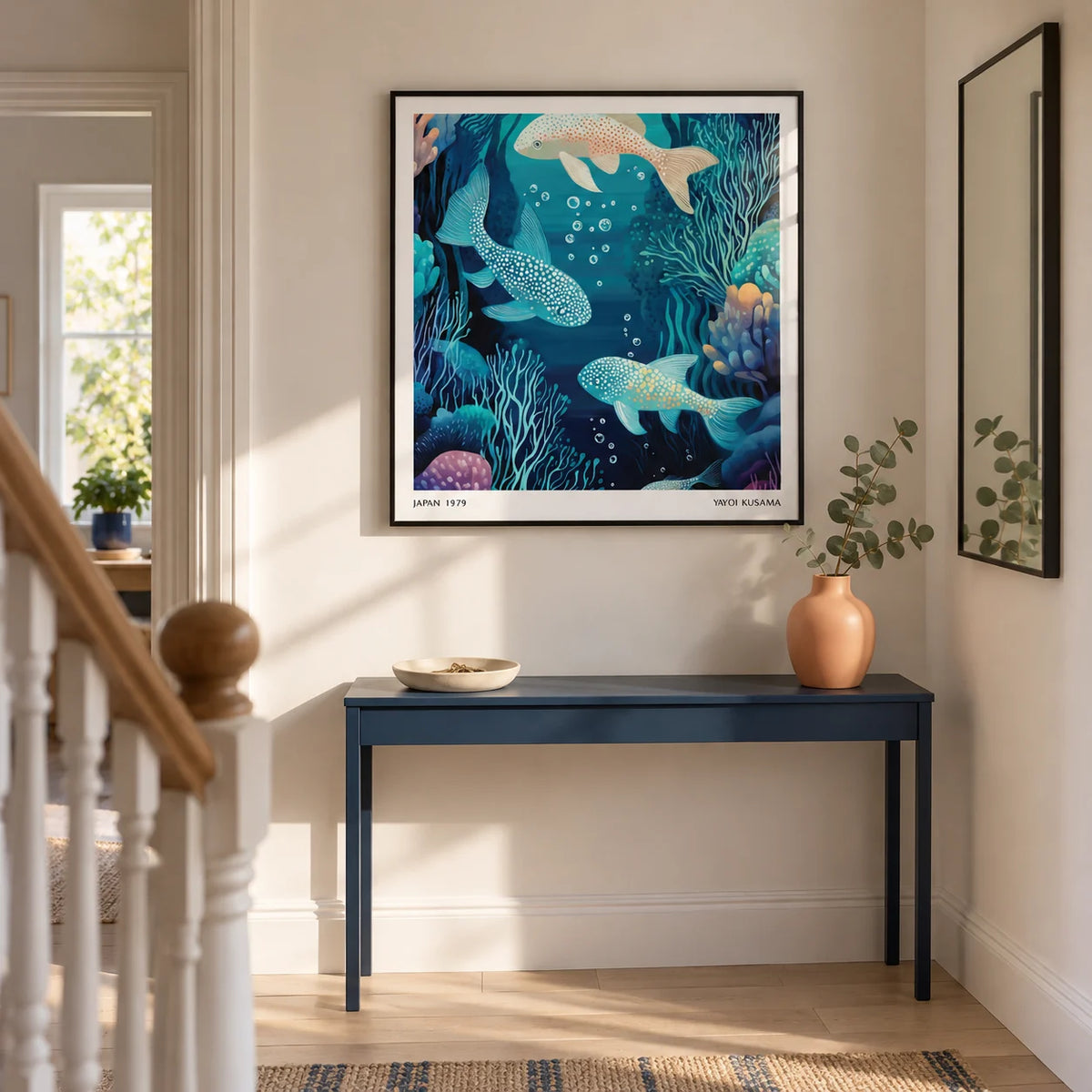 Wall Art Fish, framed on the wall of a design-led hallway in a UK terraced home with a warm white wall and pale timber flooring