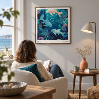 Wall Art Fish, framed on the wall of a modern reading corner in a UK seaside apartment with a pale grey wall in a living room