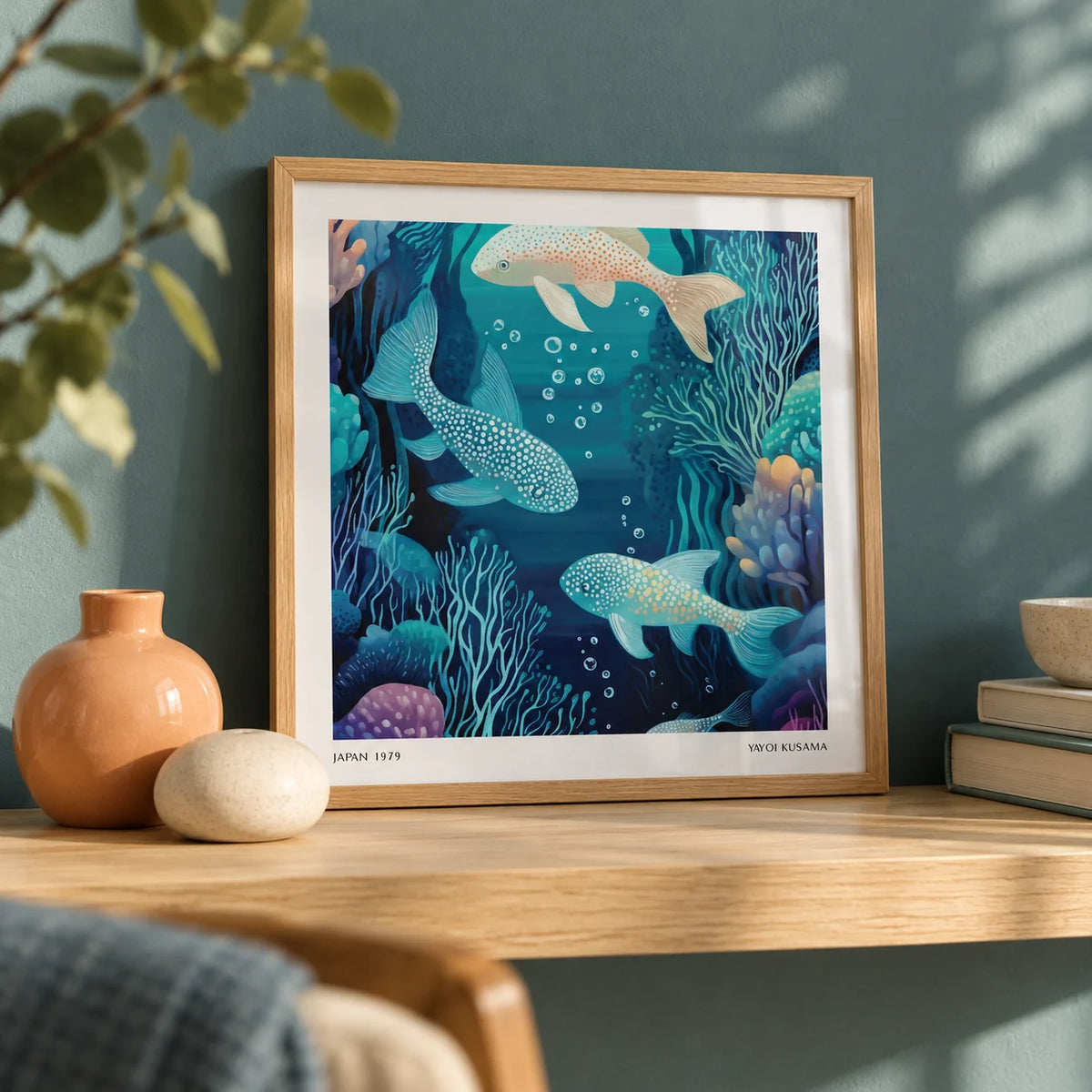 Wall Art Fish, a small A4 framed print leaning on a pale oak shelf in a living room