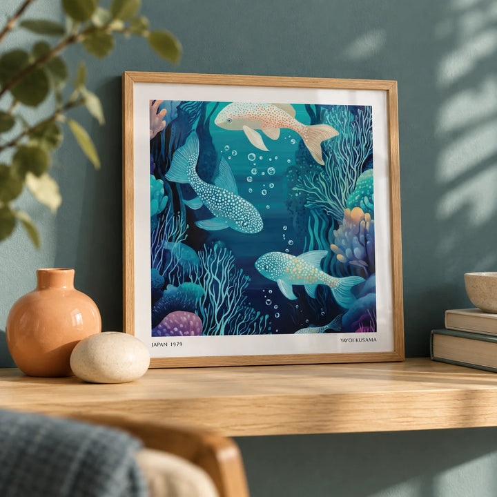 Wall Art Fish, a small A4 framed print leaning on a pale oak shelf in a living room