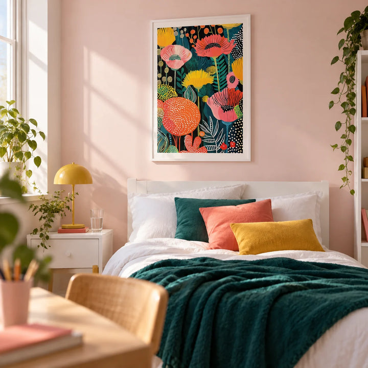 Wall Art Flower, framed on the wall of a bright teen girl's bedroom (13-17) with a pale pink wall