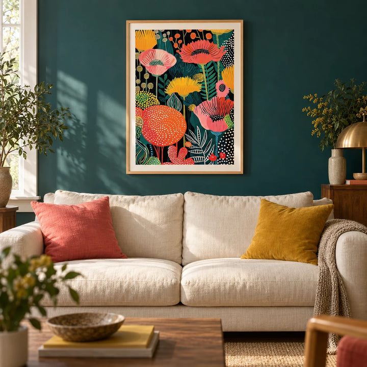 Wall Art Flower, framed on the wall of a characterful living room with a deep teal painted wall