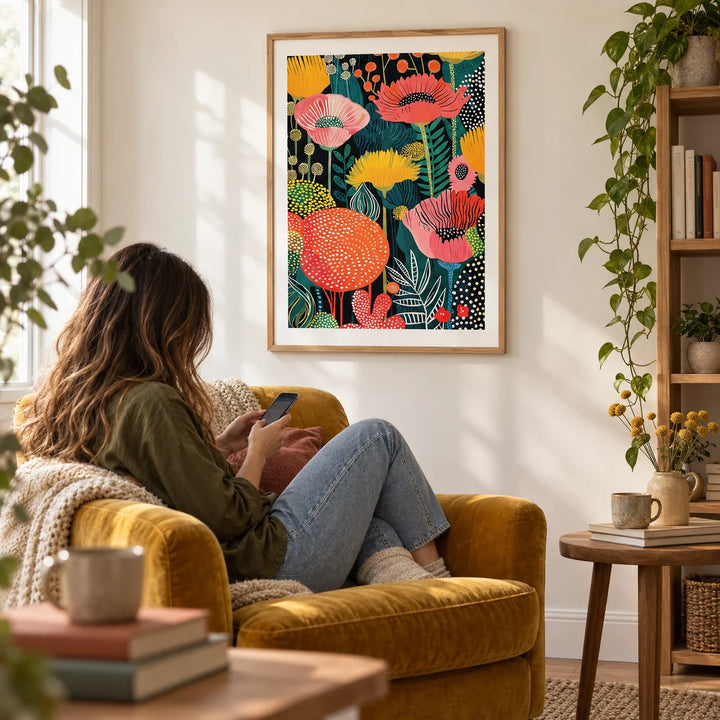 Wall Art Flower, framed on the wall of a cosy reading corner with a warm white wall in a living room