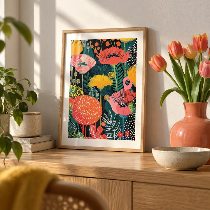 Wall Art Flower, a small A4 framed print leaning on an oak shelf in a living room