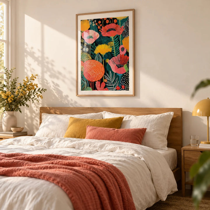 Wall Art Flower, framed on the wall of a warm bedroom with a soft cream wall