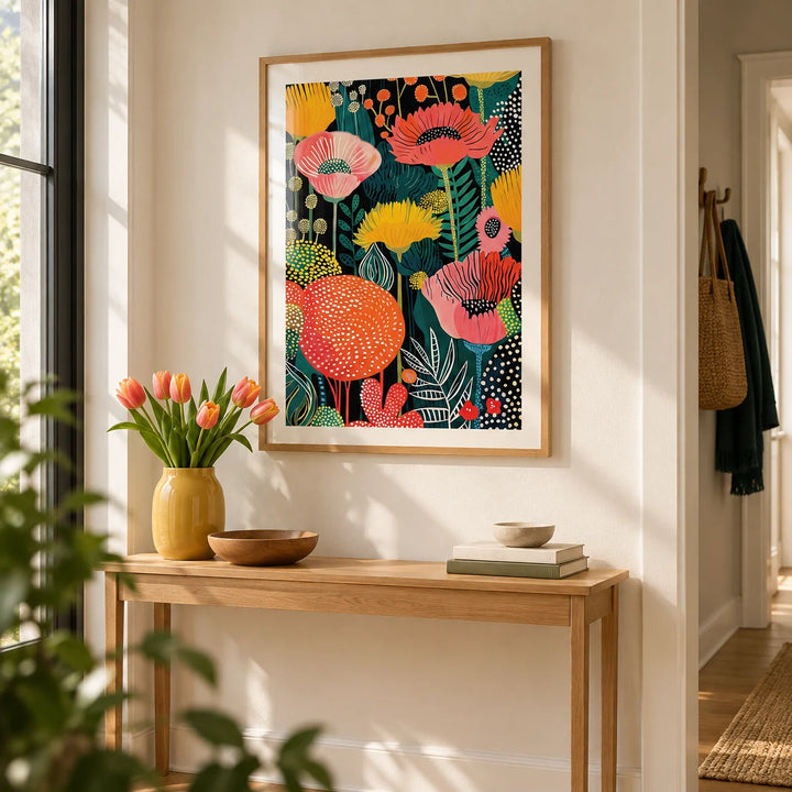 Wall Art Flower, framed on the wall of a welcoming hallway with a warm white wall