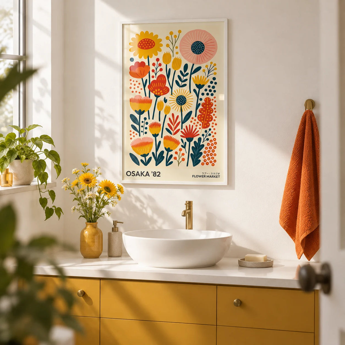 Wall Art Flowers, framed on the wall of a bright bathroom with a mustard painted vanity and plain white walls