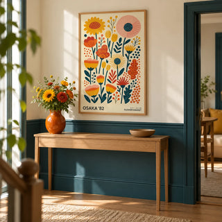 Wall Art Flowers, framed on the wall of a cheerful hallway with a dark teal painted lower wall and cream above